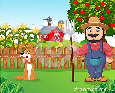 Cartoon farmer holding a rake with dog Vector Illustration