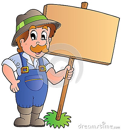 Cartoon farmer holding wooden board Vector Illustration