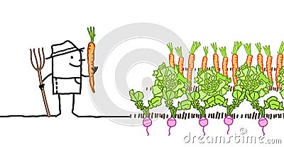 Cartoon Farmer and Vegetables Garden Vector Illustration