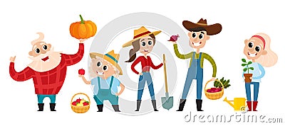 Cartoon farmers and gardeners with tools isolated on white. Vector Illustration