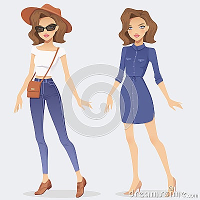 Cartoon fashion girl character wearing two casual outfits. Vector Illustration