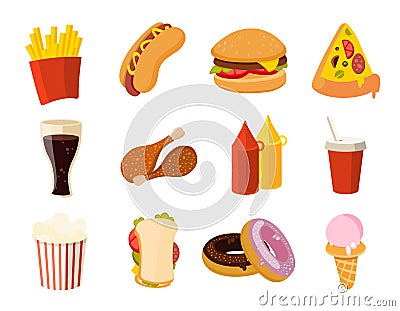 Cartoon fast food, burger, drink, chicken tacos, salad, hotdog vector set Vector Illustration