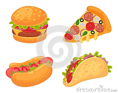 Cartoon fast food meal. Pizza with salami, mushrooms and tomato, burger with grilled meat and vegetables Vector Illustration