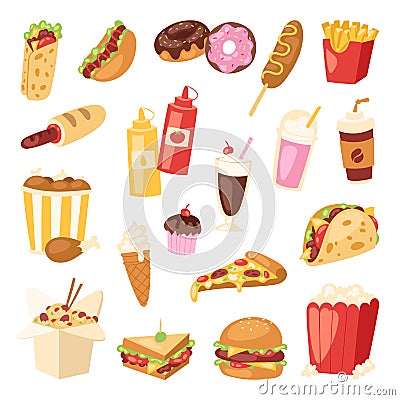 Cartoon fast food unhealthy burger sandwich, hamburger, pizza meal restaurant menu snack vector illustration. Vector Illustration