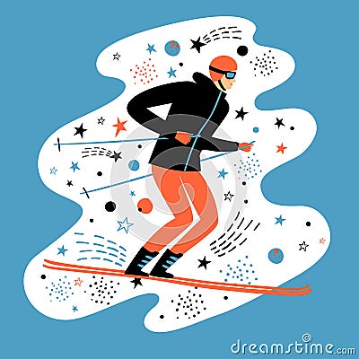 Cartoon fast skier on decorative background Cartoon Illustration