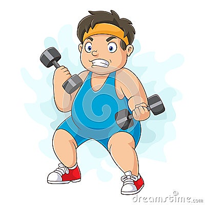 cartoon fat boy exercising barbell Vector Illustration