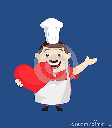 Cartoon Fat Funny Cook - Holding a Heart and Showing with Hand Stock Photo