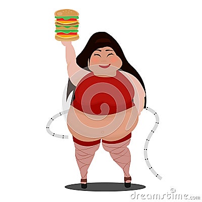 cartoon fat woman holding a big burger Stock Photo