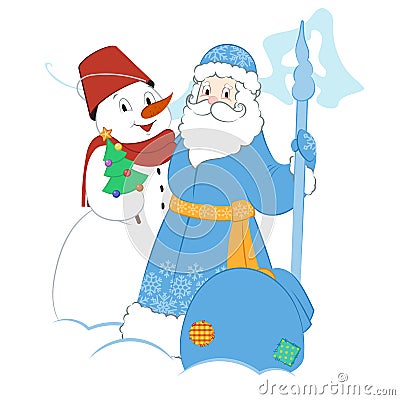 Cartoon Father Frost with Snowman and gifts Vector Illustration