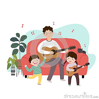 Cartoon father playing guitar and singing with his children at home. Family enjoying time at home concept Vector Illustration