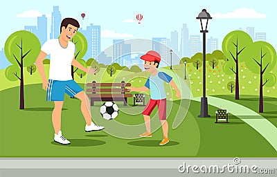 Cartoon father plays football with son in park Vector Illustration