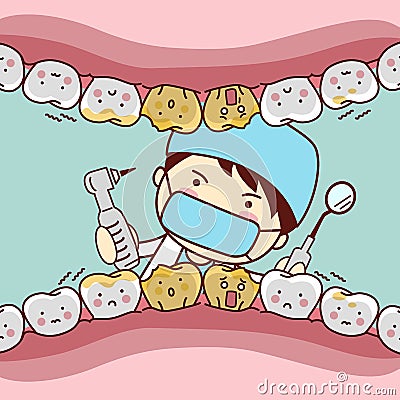 Cartoon fear tooth with dentist Vector Illustration