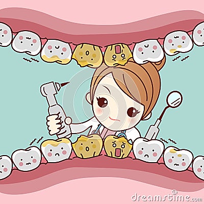 Cartoon fear tooth with dentist Vector Illustration