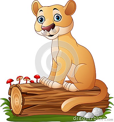 Cartoon feline sitting on tree log Vector Illustration