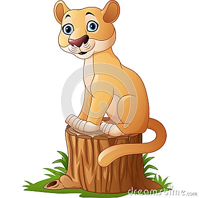 Cartoon feline sitting on tree stump Vector Illustration
