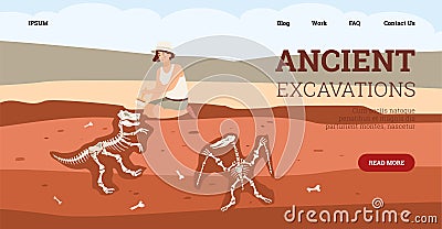 Cartoon female archaeologist character at excavation looking for dinosaur bones Vector Illustration