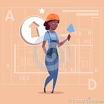 Cartoon Female Builder African American Wearing Uniform And Helmet Construction Worker Over Abstract Plan Background Vector Illustration