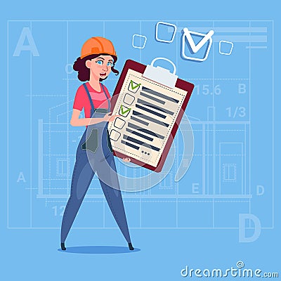 Cartoon Female Builder Carpenter Hold Checklist Construction Worker Over Abstract Plan Background Vector Illustration