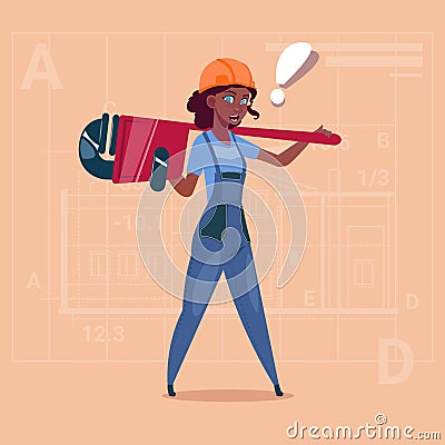 Cartoon Female Builder Wearing Uniform And Helmet African American Construction Worker Over Abstract Plan Background Vector Illustration