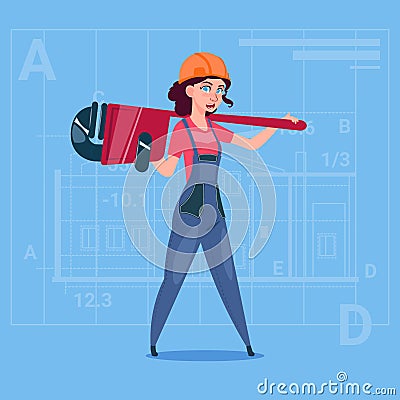 Cartoon Female Builder Wearing Uniform And Helmet Construction Worker Over Abstract Plan Background Vector Illustration