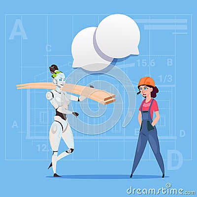 Cartoon Female Builder Working With Robot Carry Planks Modern Building Technology Concept Vector Illustration