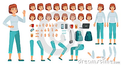 Cartoon female character kit. City in casual clothing woman creation constructor, different hands, legs and body poses Vector Illustration