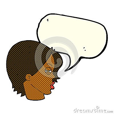 cartoon female face with narrowed eyes with speech bubble Stock Photo