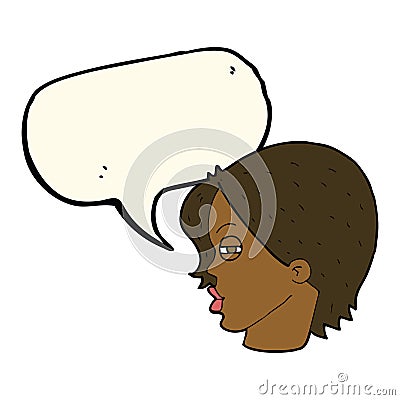 cartoon female face with narrowed eyes with speech bubble Stock Photo