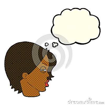 cartoon female face with narrowed eyes with thought bubble Stock Photo