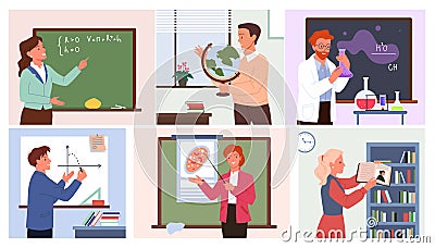 Cartoon female and male teacher or professor teaching math, chemistry, biology or literature near class board. Education Cartoon Illustration