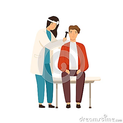 Cartoon female otolaryngologist checking ears of patient use otoscope vector flat illustration. Woman doctor examination Vector Illustration