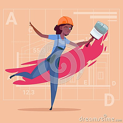 Cartoon Female Painter Hold Paint Brush African American Decorator Builder Wearing Uniform And Helmet Vector Illustration