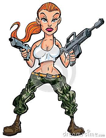 Cartoon female soldier with two guns Stock Photo