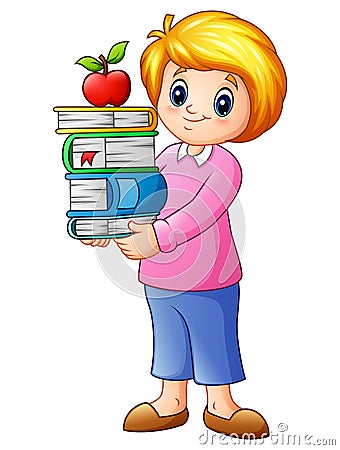 Cartoon female with stack books and apple Vector Illustration