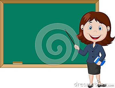 Cartoon female teacher standing next to a blackboard Vector Illustration