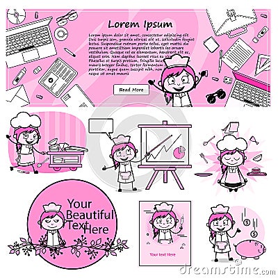 Cartoon Female Waitress Character - Various Concepts Vector illustrations Vector Illustration