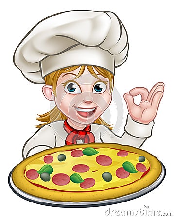 Cartoon Female Woman Pizza Chef Vector Illustration