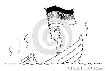 Cartoon of Female or Woman Politician or Chancellor Standing Depressed on Sinking Boat Waving the Flag of Federal Vector Illustration