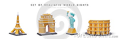 Cartoon figures of Eiffel Tower, old gateway, Statue of Liberty and Coliseum Vector Illustration