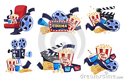 Cartoon film industry set vector flat movie theater elements collection popcorn, armchair, camera Vector Illustration