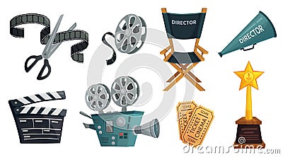 Cartoon film studio. Cinema video camera, movie clapperboard and directors megaphone vector illustration set Vector Illustration