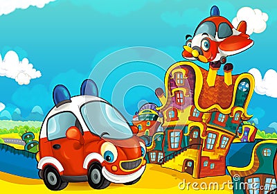 Cartoon fire brigade car smiling and looking in the parking lot and plane flying over Cartoon Illustration