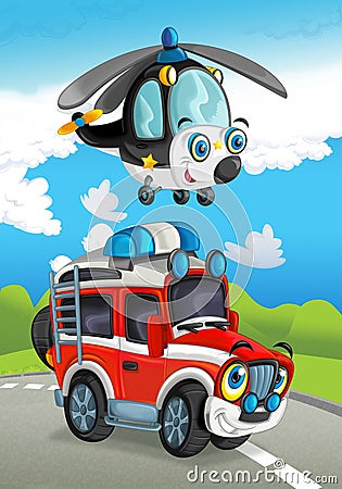 Cartoon fire fighter car smiling and looking on the road Cartoon Illustration