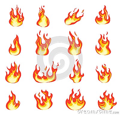 Cartoon fire flame. Fires comic images, bonfire flaming ignition, evil hell blaze. Hot temperature and fever icons flat Vector Illustration