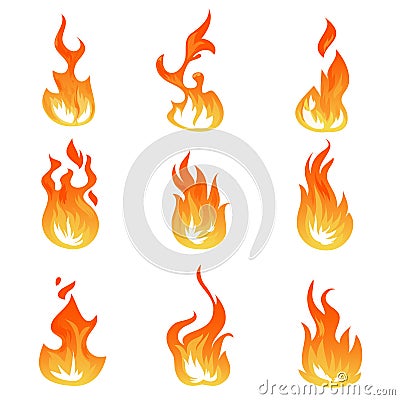 Cartoon fire flames vector set. Ignition light effect, flaming symbols Vector Illustration