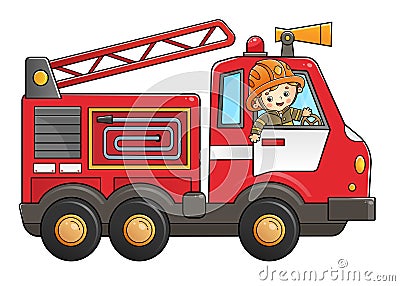 Cartoon fire truck with fireman or firefighter. Professional transport. Profession. Colorful vector illustration for kids Vector Illustration