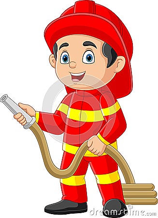 Cartoon firefighter holding a fire hose Vector Illustration