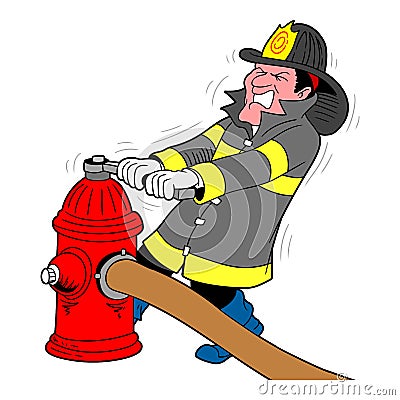 cartoon firefighter opening hydrant Vector Illustration