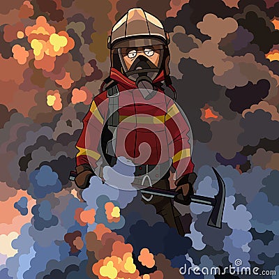 Cartoon firefighter with a pick in his hands in a puff of smoke Vector Illustration