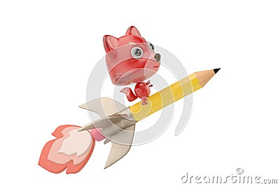 A cartoon firefox on rocket pencil,3D illustration. Cartoon Illustration